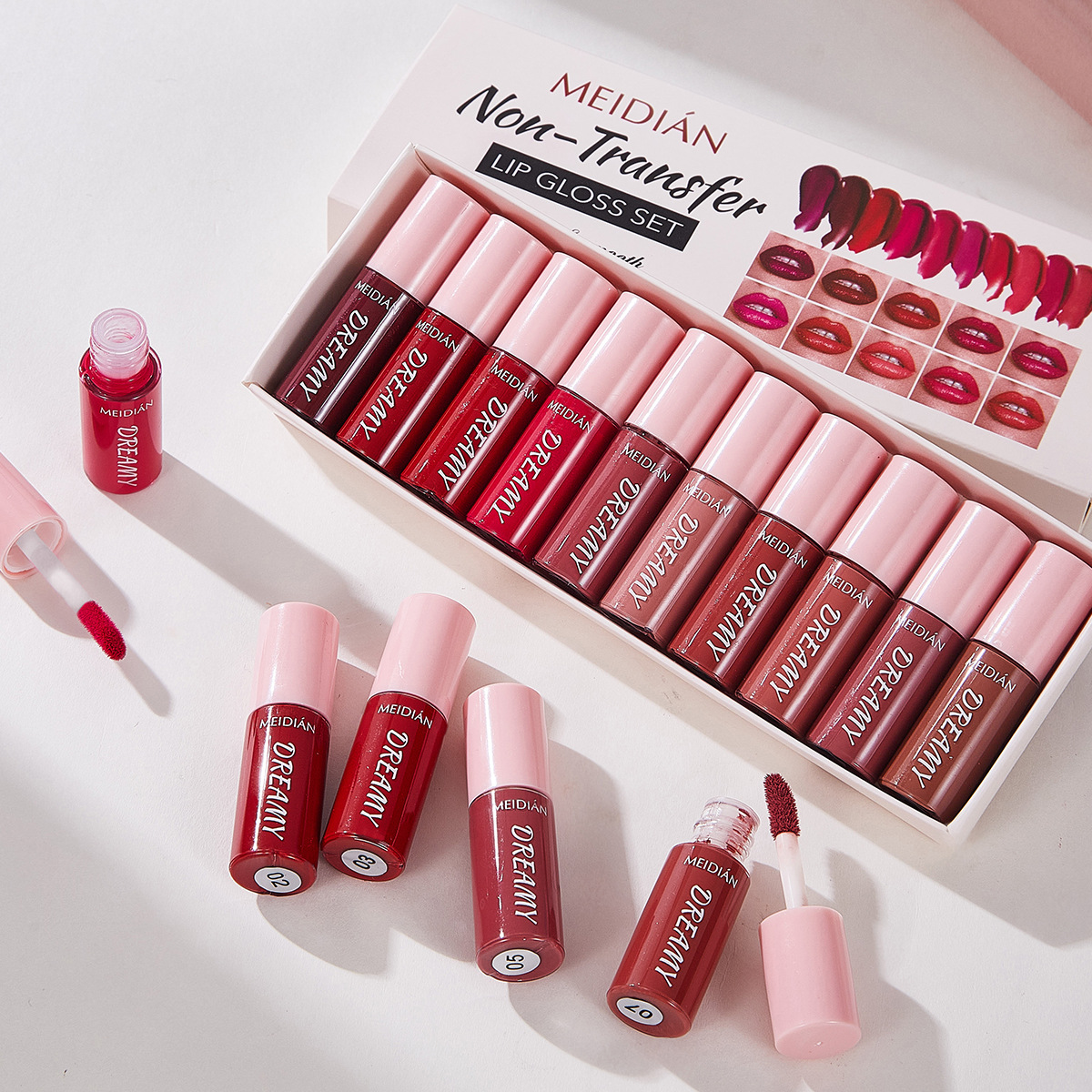 Cross-border exclusive Meidian Non-stick Lip Gloss 10-piece set Lip gloss brightens, moisturizes, does not smudge, lasts long and does not fade easily full figure