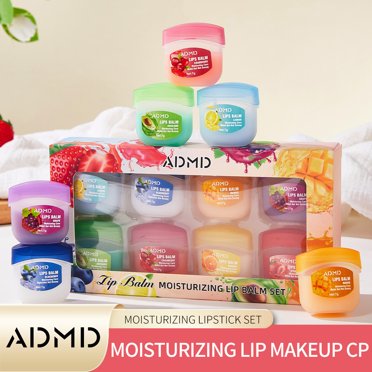 ADMD Cross-border MSDS Bestseller 8-piece Lip Mask Set, Moisturizing and Hydrating Fruit-Flavored Lip Balm Set for Cross-border use details Picture
