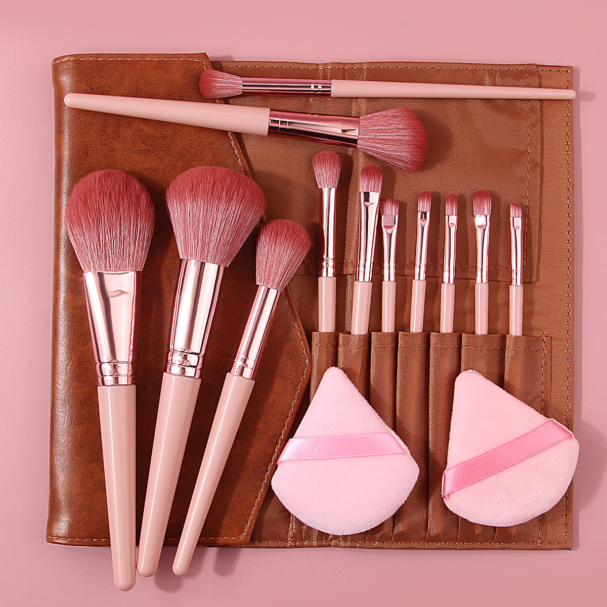 Hot-selling 12-piece makeup brush set for beginners: eyeshadow brush, blush brush, highlight brush, flocking triangular powder puff with brush bag Specification drawing