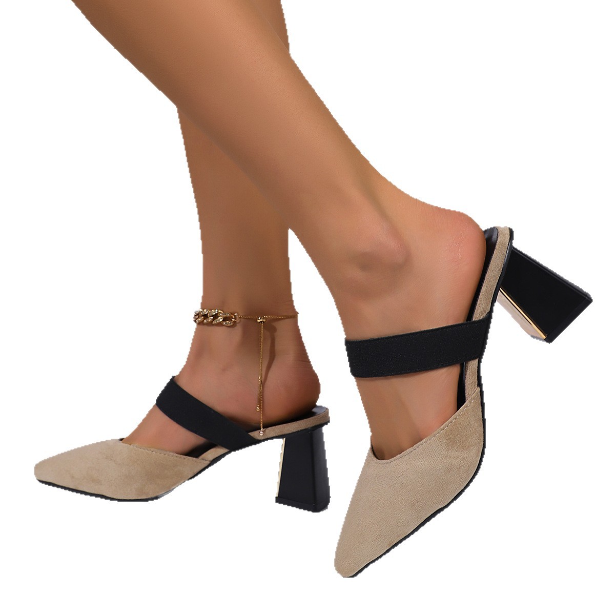 Baotou pointed-toe flip-flops for women 2025 new summer thick-heeled high-heeled suede versatile and fashionable women's backheel high heels Item Picture