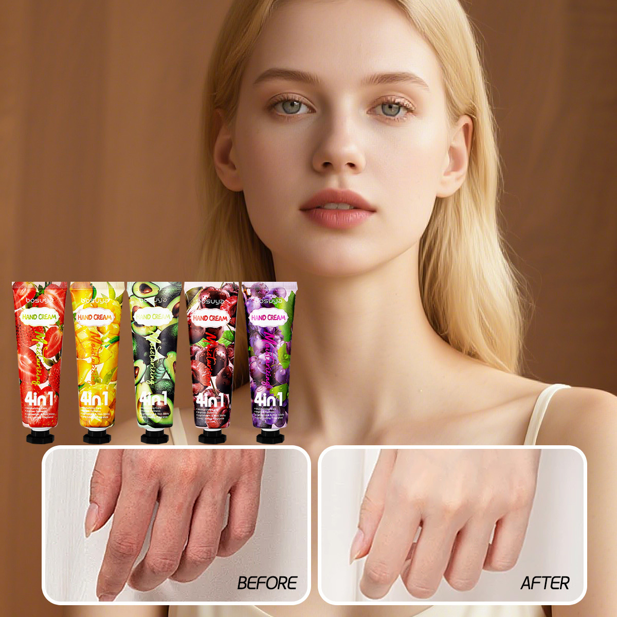 Cross-border exclusive bosuya 4in1 Fruit Hand Cream Moisturizing, Hydrating and Anti-cracking Light Fragrance Moisturizing Hand Cream Application Scenario