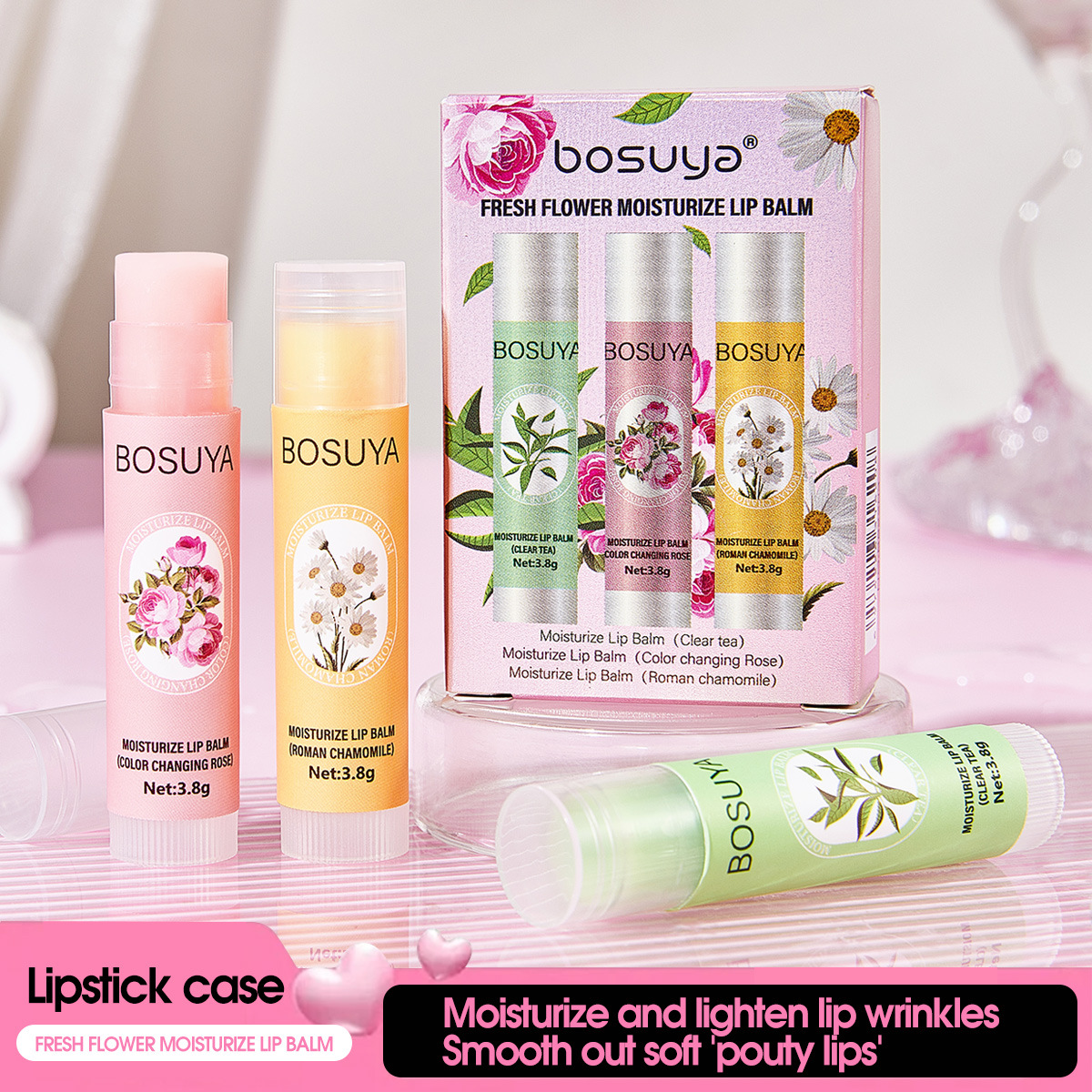【 Cross-border Exclusive 】 Bosuya 3-Tube Lip Balm and Plant Extract Lip Balm Moisturizing and Light Lip Care wholesale full figure