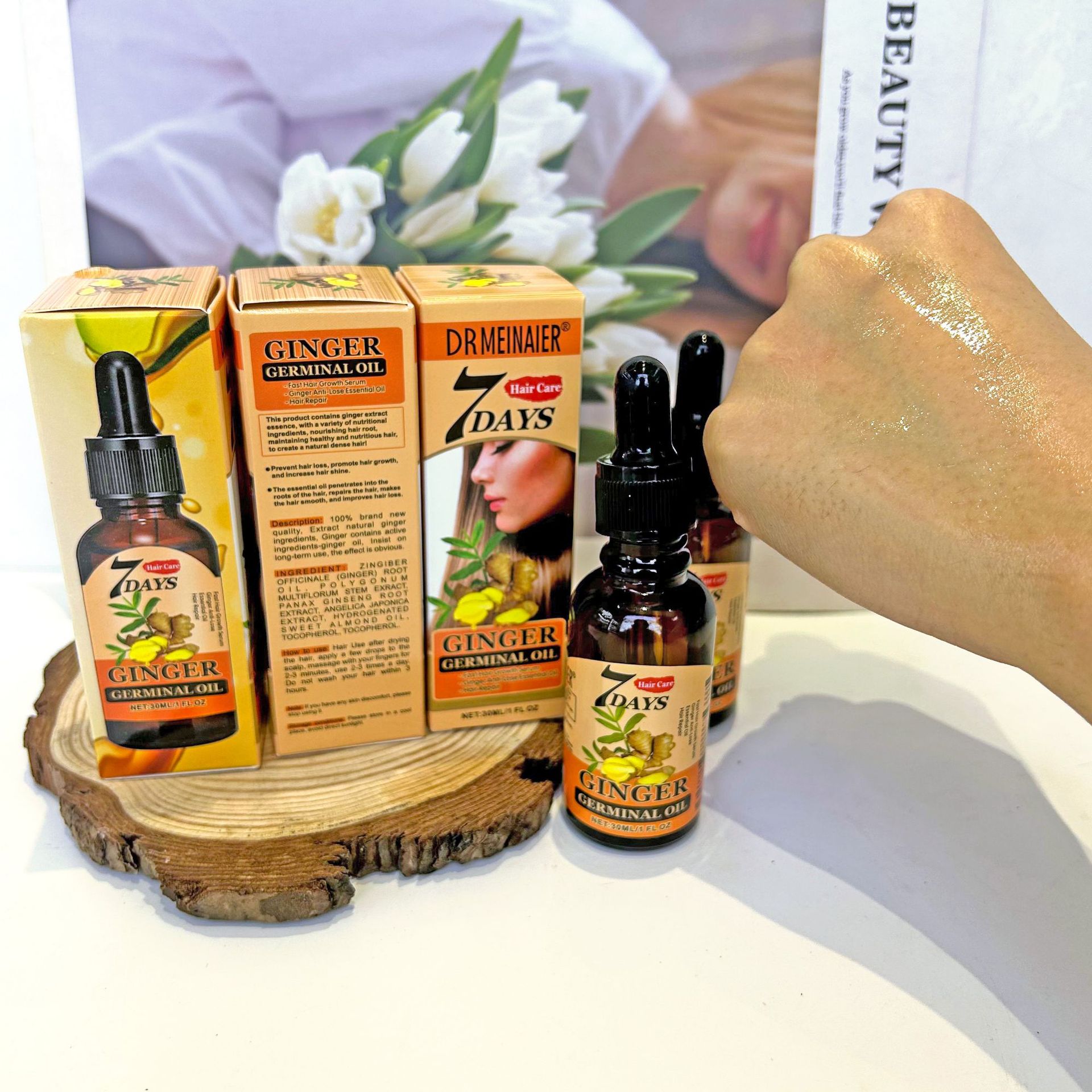 Cross-border exclusive turmeric Hair Essential Oil and Ginger Essence 30ml Hair Care and Nourishing no-Rinse Nutrient Liquid wholesale Application Scenario