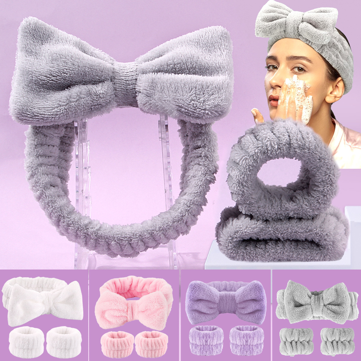 Three-piece set of facial moisture-proof bow hair band, coral fleece absorbent hair band, wrist, ladies for washing, skin care and moisture-proofing full figure