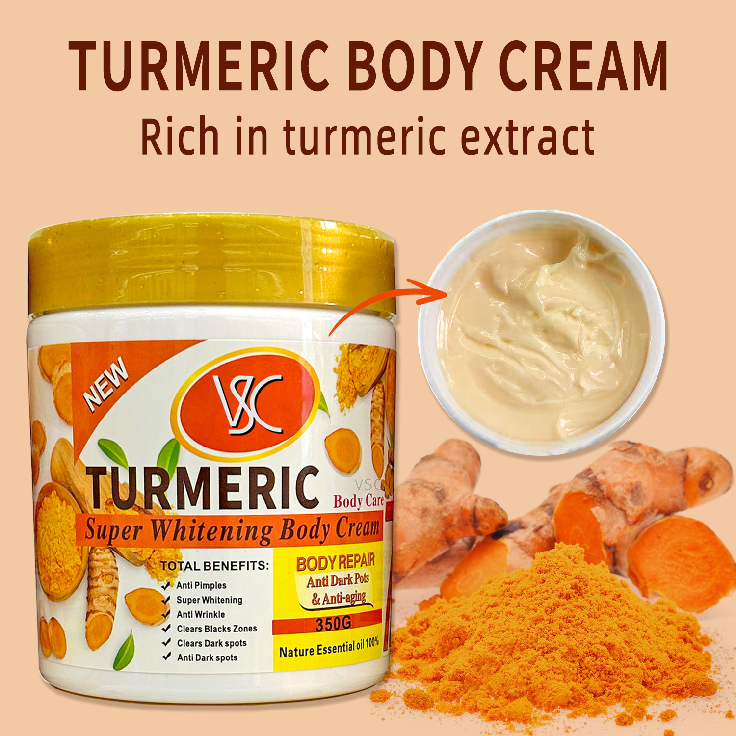 Cross-border Turmeric Body Cream 350g Facial and Body brightening and Moisturizing Turmeric Face Cream Nourishing Skin Care Export wholesale Specification drawing