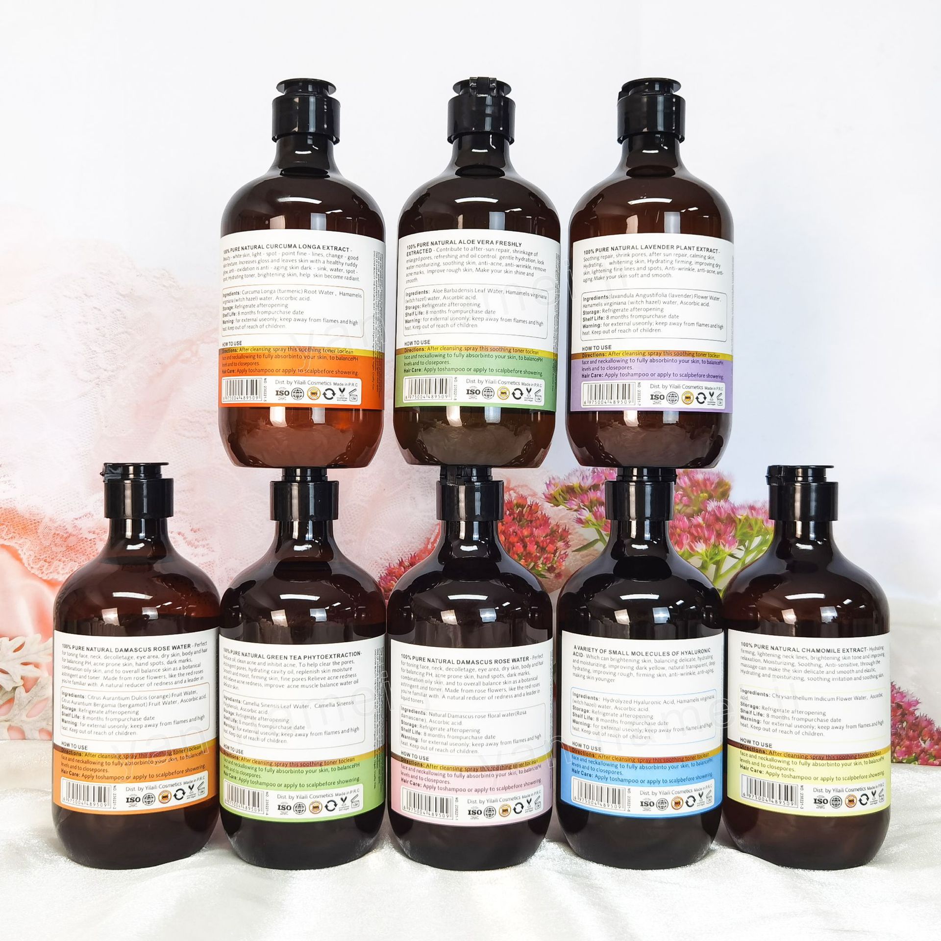 Cross-border rose water temperature and nourishing green tea toner brightens, moisturizes, tightens, hydrates, controls oil and removes acne Aloe vera essence Specification drawing