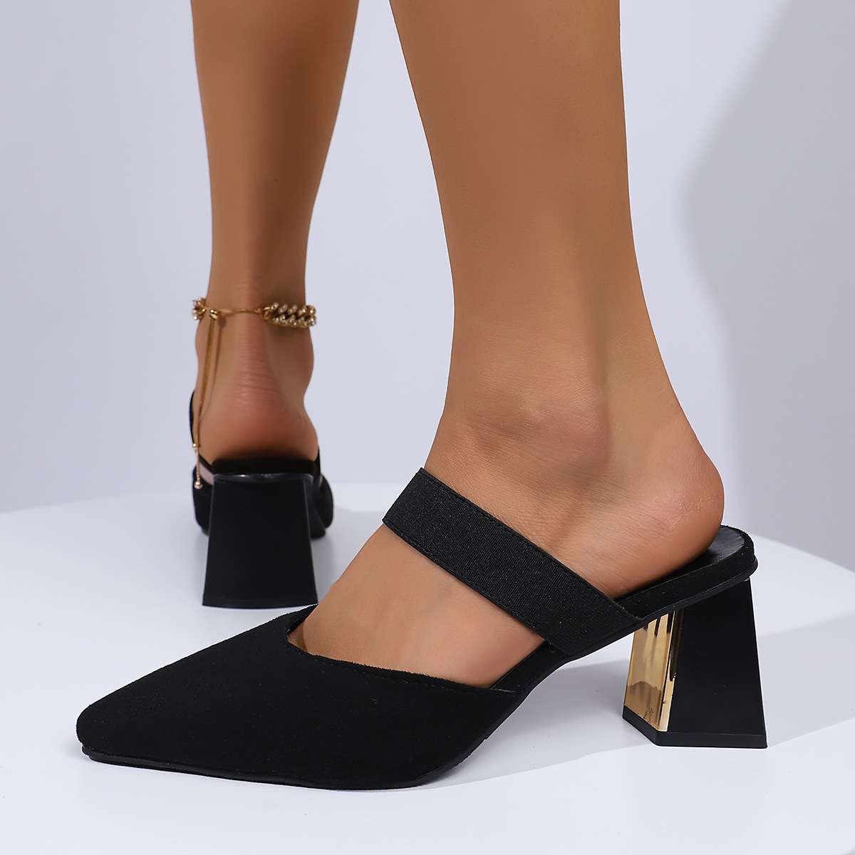Baotou pointed-toe flip-flops for women 2025 new summer thick-heeled high-heeled suede versatile and fashionable women's backheel high heels full figure