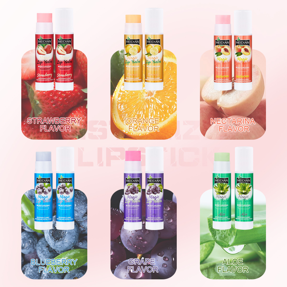 MEIDIAN Cross-border exclusive Supply of best-selling lip balm 6-pack set, fruit-flavored moisturizing Lip balm wholesale factory Specification drawing