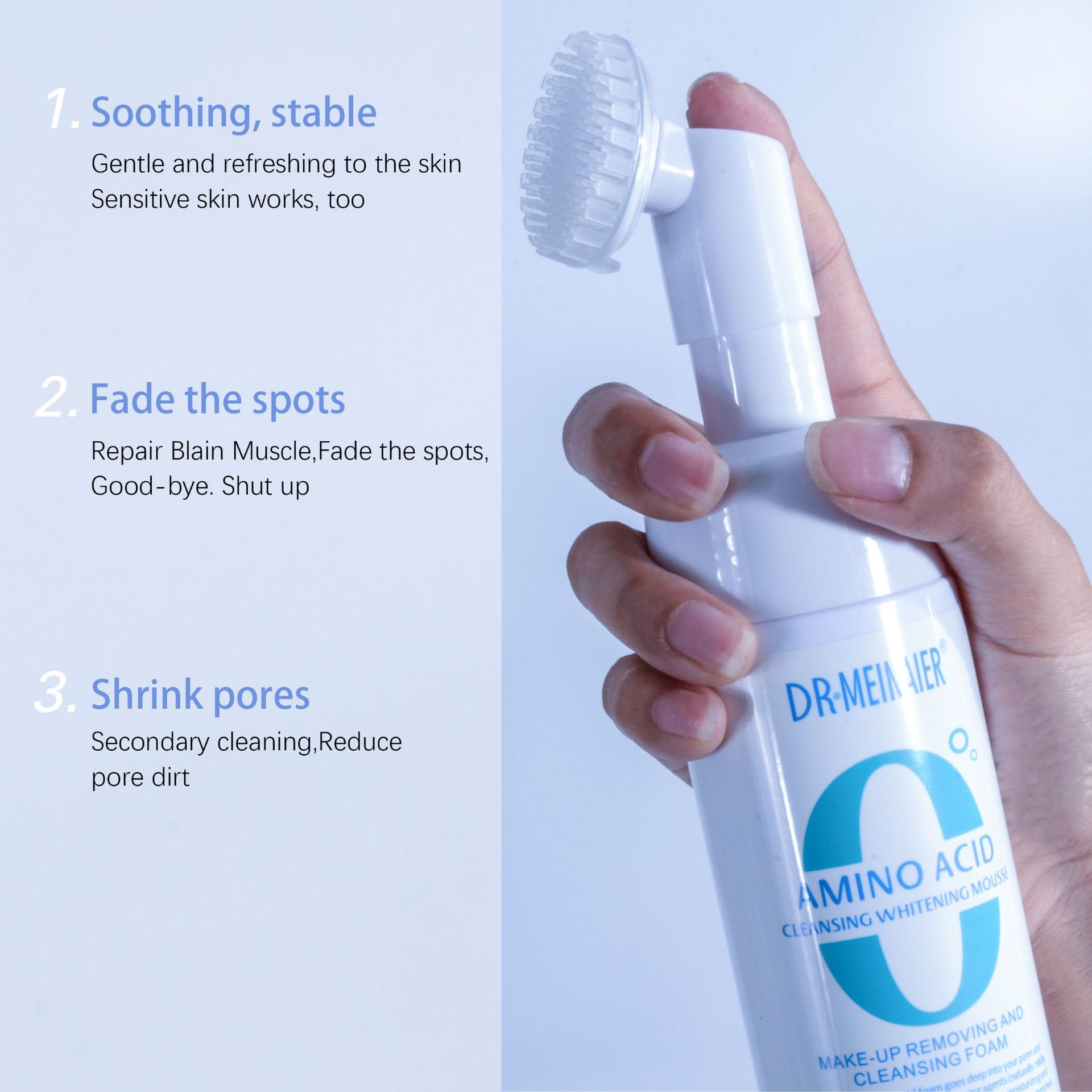 Cross-border amino acid deep cleansing Facial cleanser Moisturizing mousse foam Massage head Facial Cleanser and facial cleanser export wholesale Specification drawing