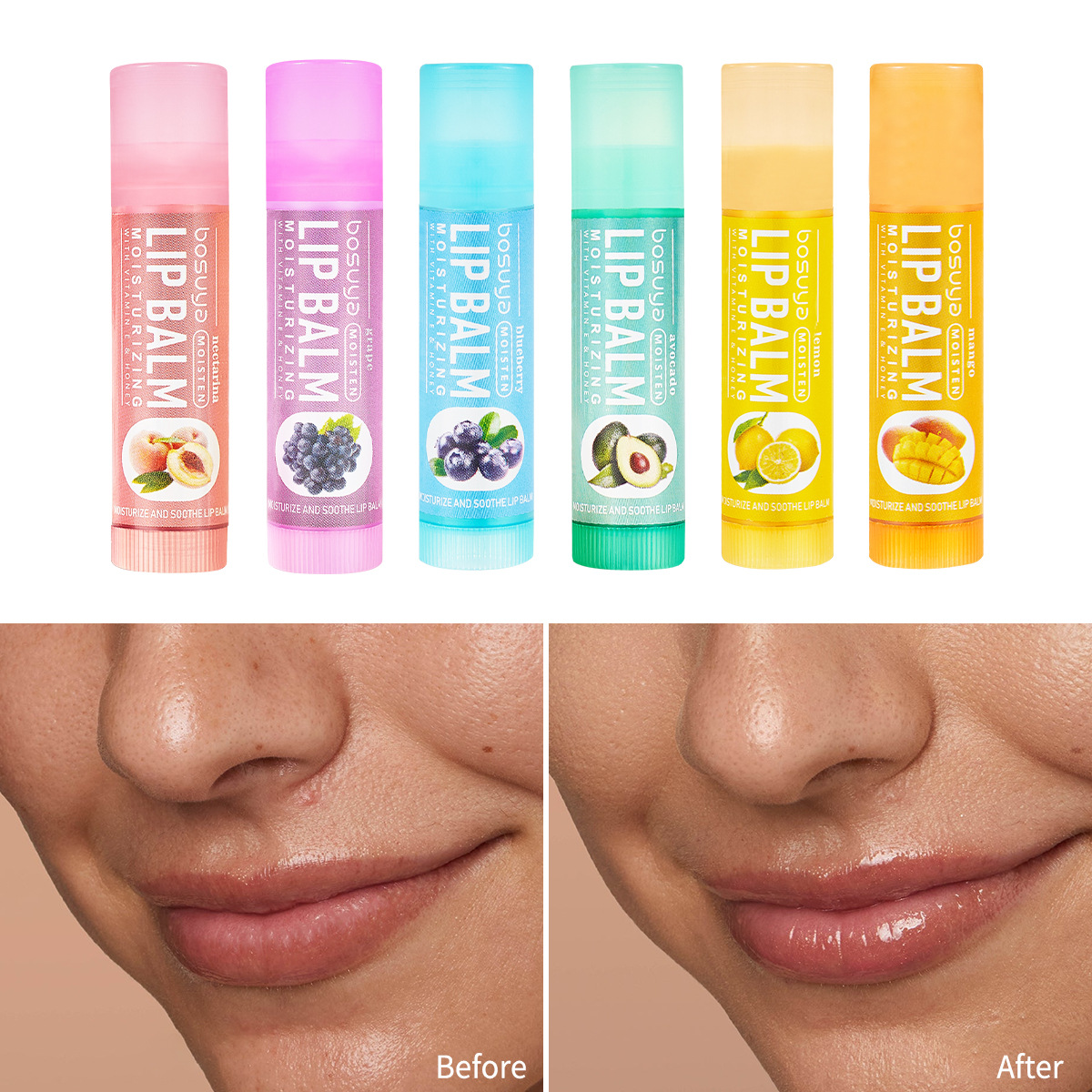 Bosuya Fruit-flavored Lip balm Set for moisturizing lips, cross-border exclusive supply, Best-selling lip balm factory wholesale Application Scenario