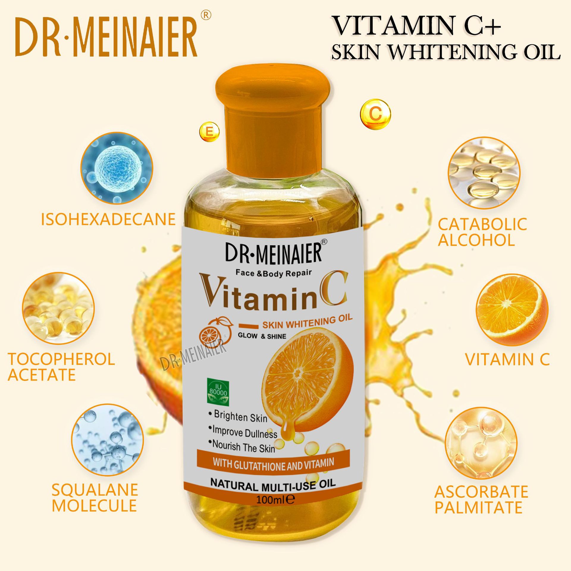 Cross-border Fresh Orange VC essential Oil Moisturizes the face and body, brightening the skin, hydrating and darkening massage oil, Vitamin C100ml Specification drawing
