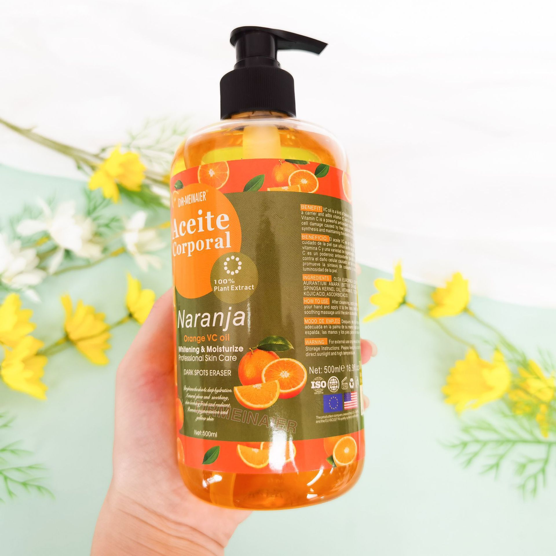 Wholesale of 500ml fresh orange Vitamin C essential oil for hair care, body massage, Moisturizing skin care and VC massage oil Application Scenario