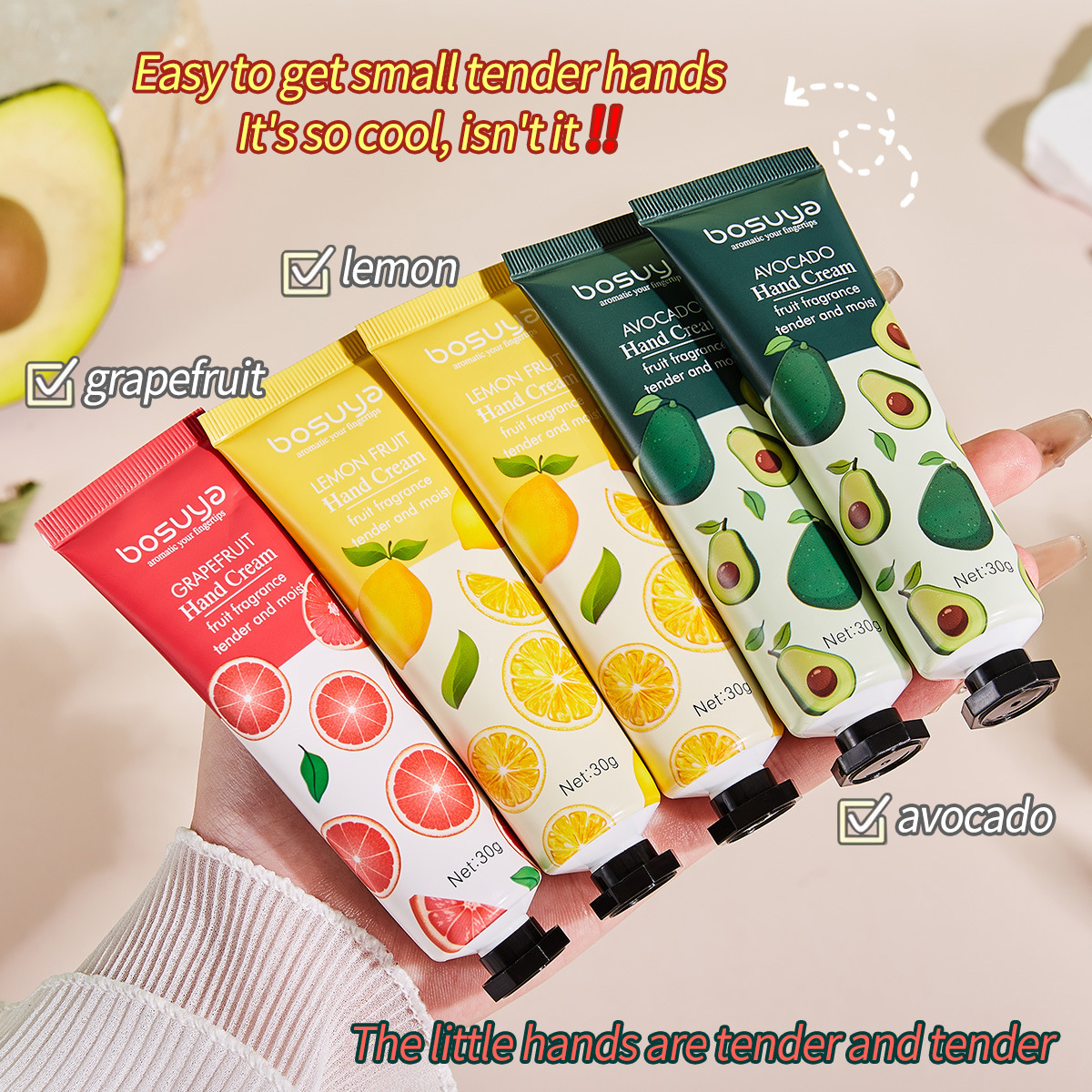 Cross-border exclusive bosuya New Scented Fruit Hand Cream Moisturizing and Nourishing 5-bottle hand cream bag set Application Scenario