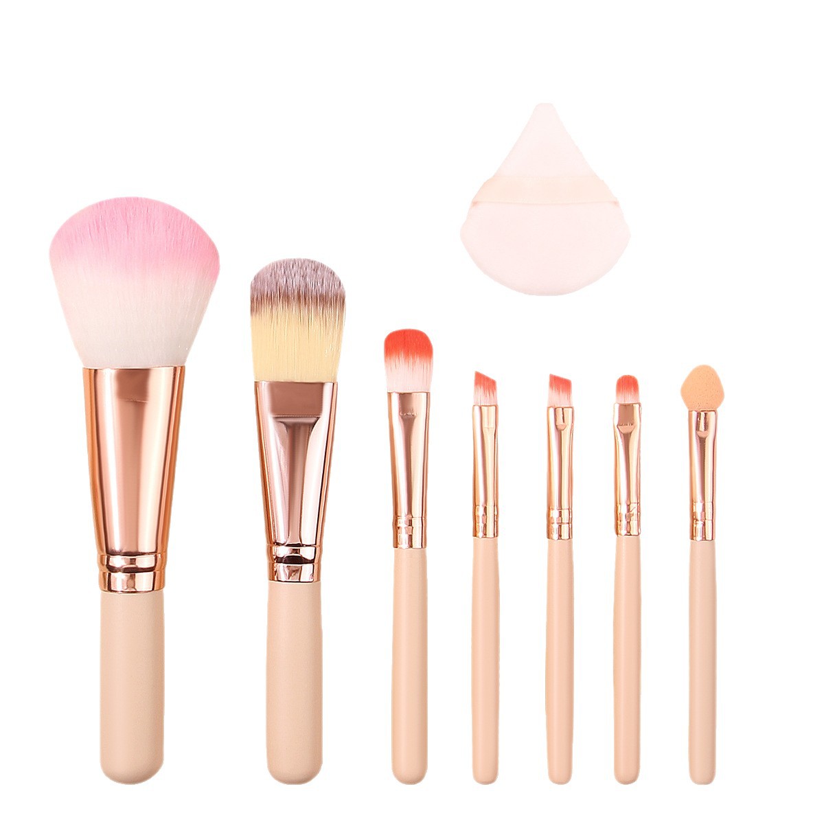 Beginner's 7-piece mini makeup brush set: Foundation, blush, eyeshadow brush, triangular powder puff, portable makeup tools Item Picture