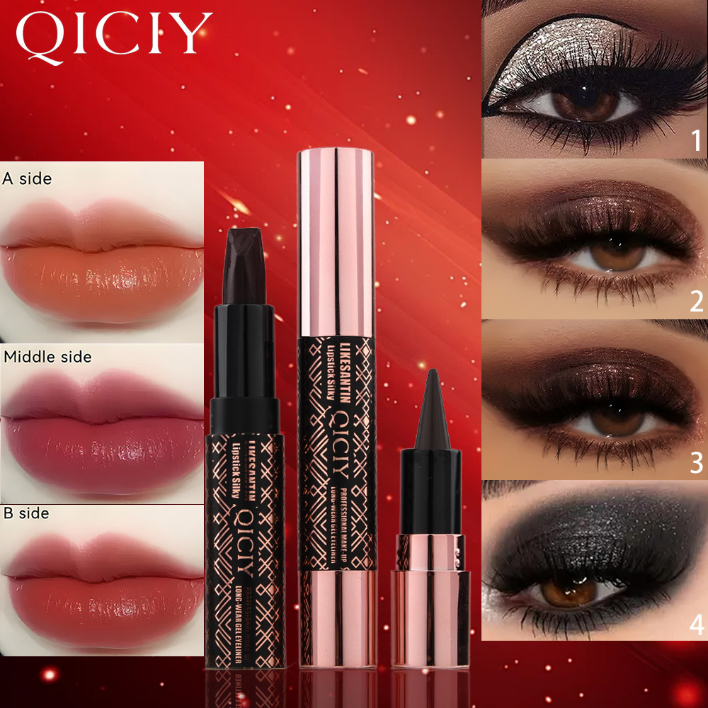 QICIY Cross-border Exclusive + 3-color lipstick + Eyeliner pen Waterproof, sweat-proof, non-smudging quick-drying eyeliner liquid pen full figure