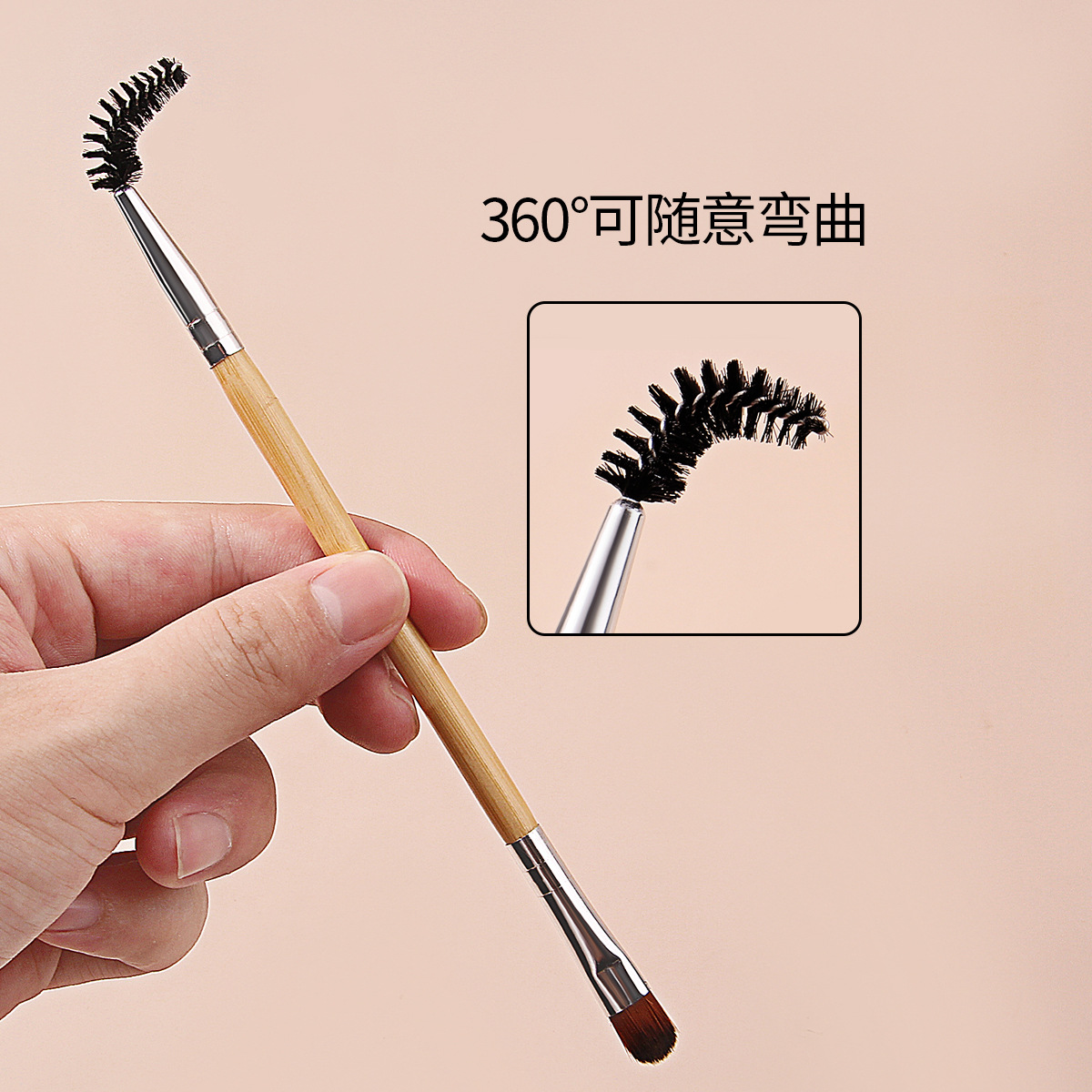 Bamboo-handled double-headed eyebrow brush, spiral oblique Angle makeup eyebrow brush, eyelash curl combination eyeshadow blending brush, beauty tools details Picture