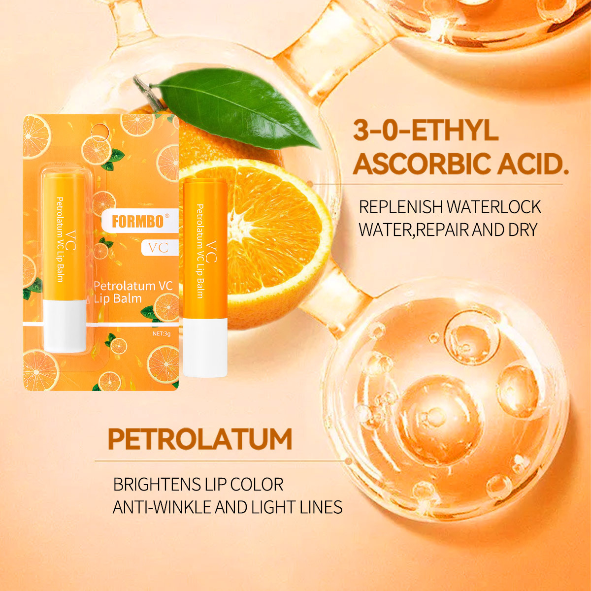【 Cross-border Exclusive 】FORMBO Vitamin C Lip Balm hydrates, moisturizes, nourishes, prevents dryness and cracking, reduces lip lines and removes dead skin Application Scenario