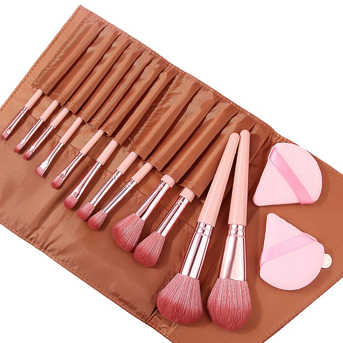 Hot-selling 12-piece makeup brush set for beginners: eyeshadow brush, blush brush, highlight brush, flocking triangular powder puff with brush bag Item Picture