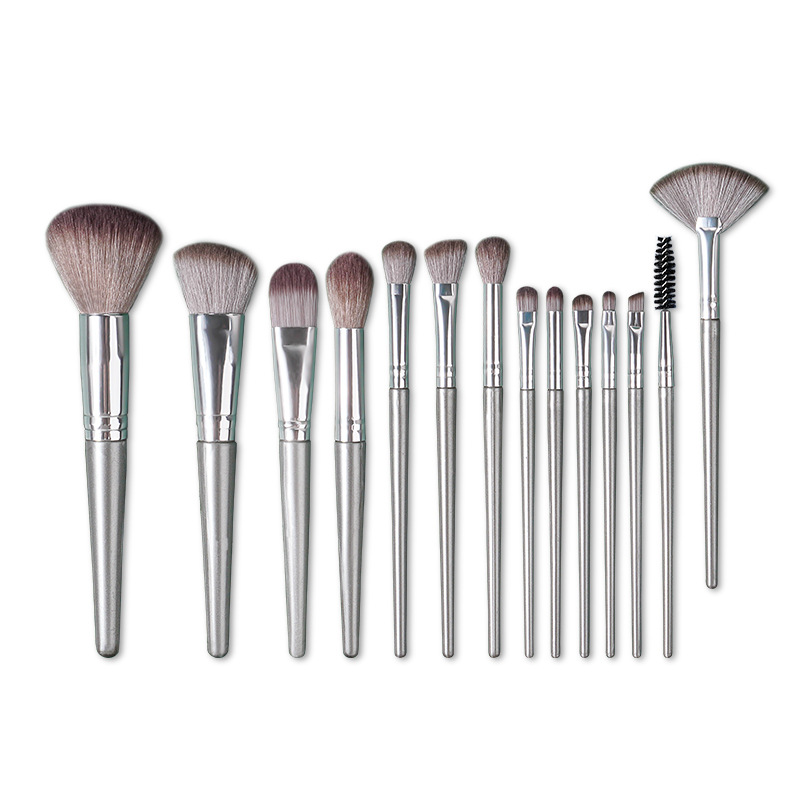 Original 14-piece first Encounter makeup brush set, silver makeup cover brush, fan-shaped highlight brush, facial blush beauty tool Item Picture
