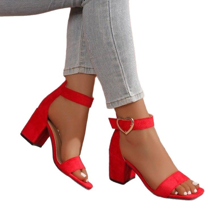 The new high-heeled women's shoes for the summer of 2025, with thick heels, exposed toes, suede, sexy one-shoulder buckle women's sandals and Roman shoe trend Item Picture