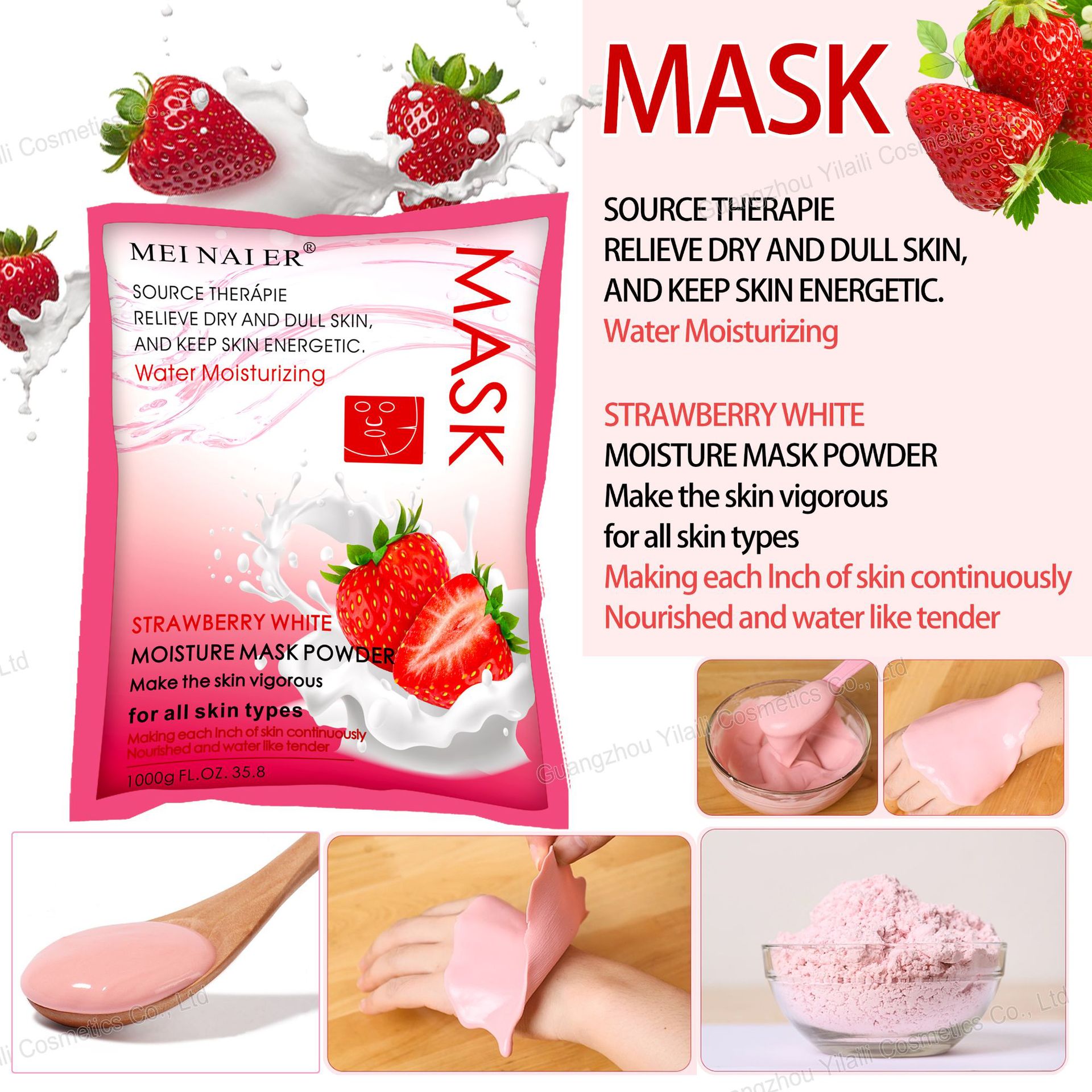 Wholesale of cross-border Meinair Strawberry Hydrating and Moisturizing Soft Mask Powder for Nourishing, brightening and shrinking pores Specification drawing