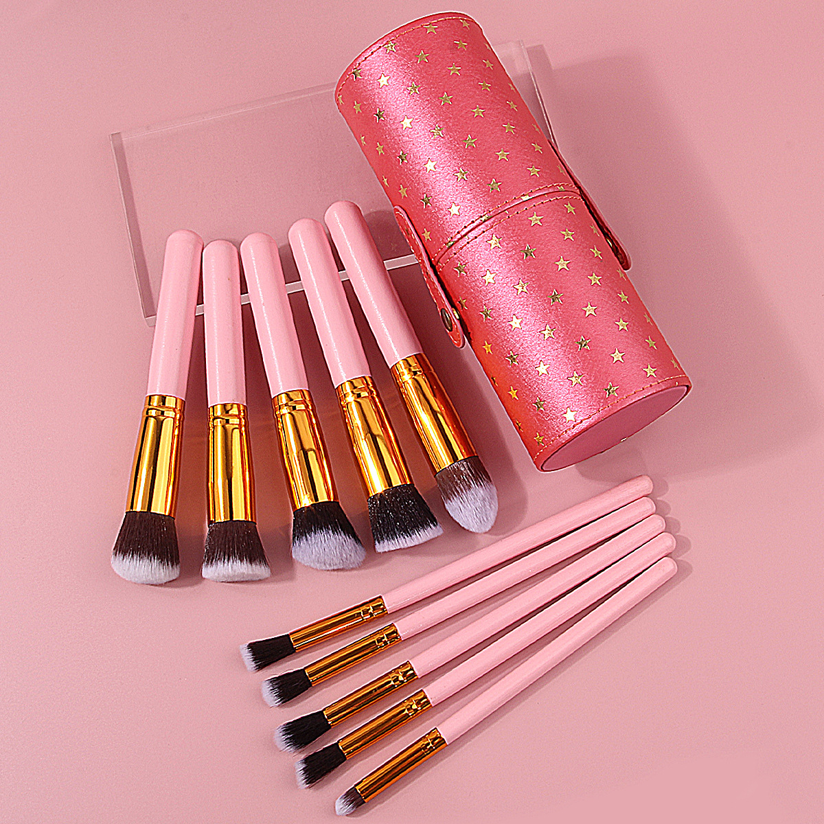 Cross-border stock of 10 cosmetic brushes in barrels, complete set of blush brushes, eyeshadow brushes, soft bristles, portable beauty tools for beginners details Picture