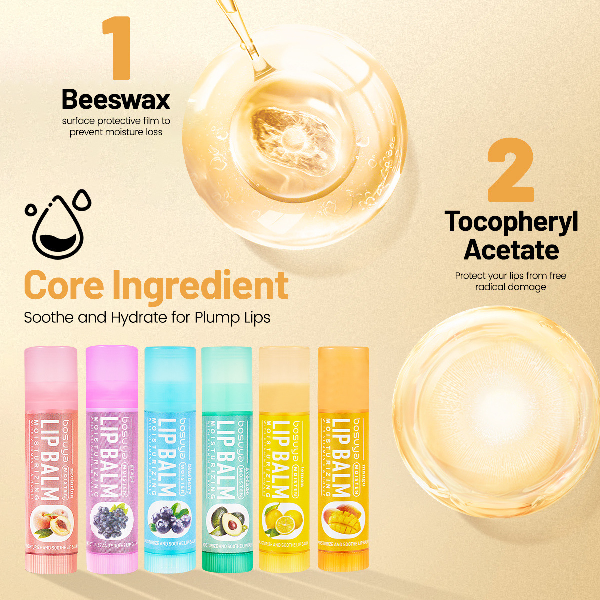 Bosuya Fruit-flavored Lip balm Set for moisturizing lips, cross-border exclusive supply, Best-selling lip balm factory wholesale Specification drawing