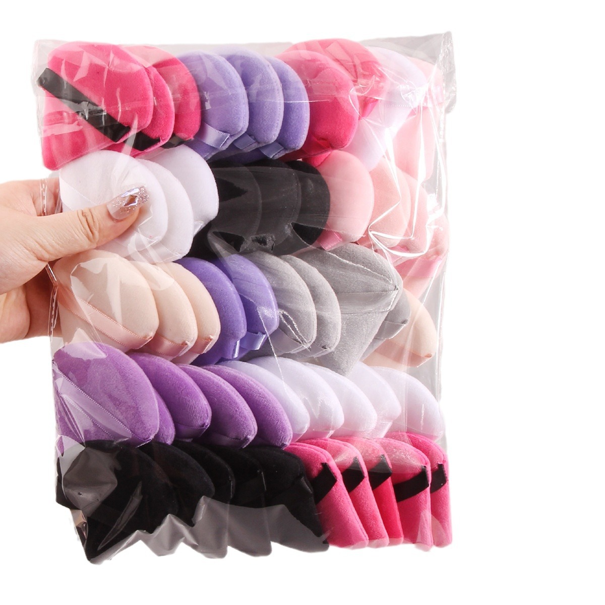 Wholesale in stock of multi-color mixed triangular setting cushion powder puffs, super soft flocked cotton finger loose powder puffs at special prices Item Picture
