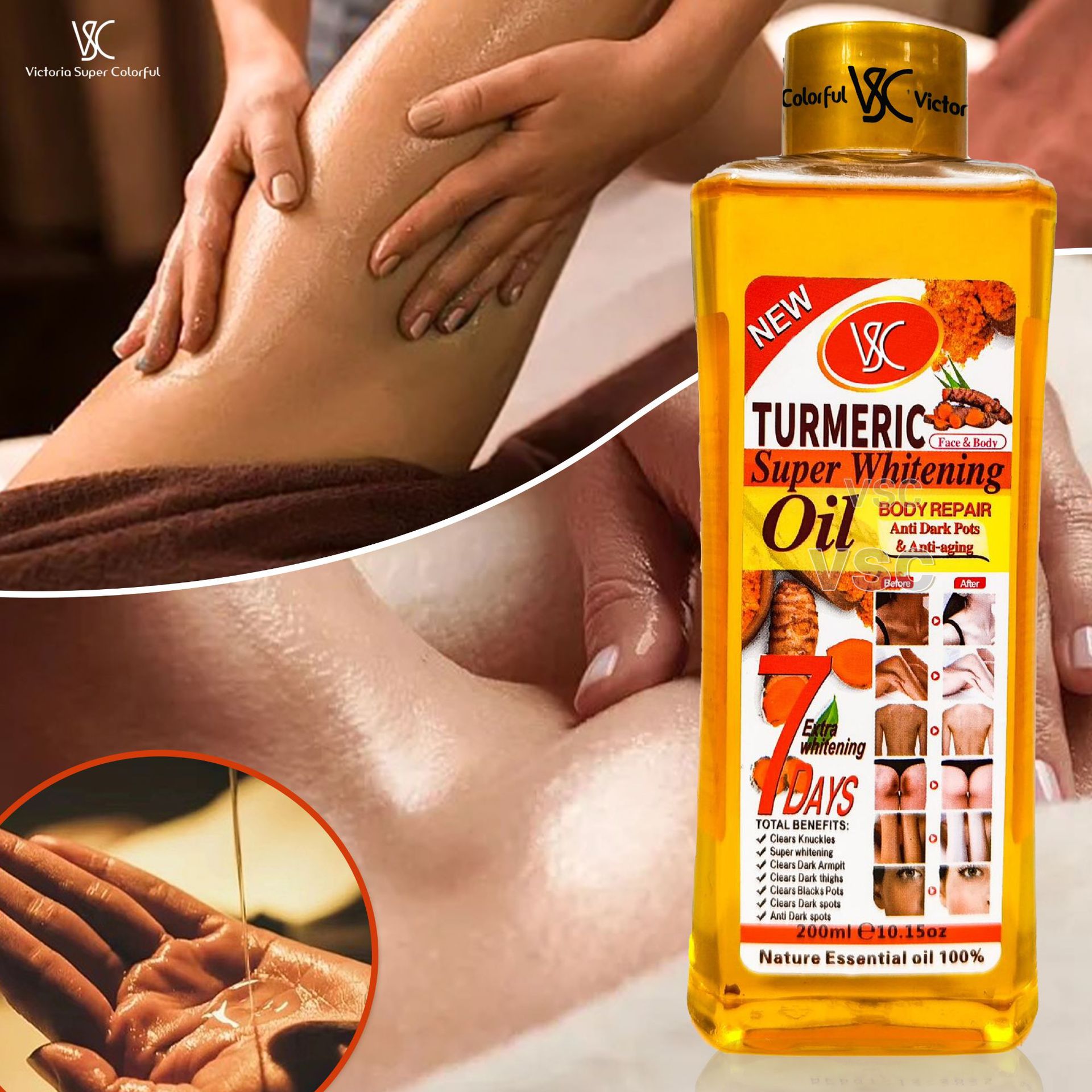 7-day Foreign trade Repair and Brightening VC Essential Oil Moisturizing and Unblocking Meridians Turmeric Essential Oil Full-body Massage Almond Massage Oil 200ml details Picture