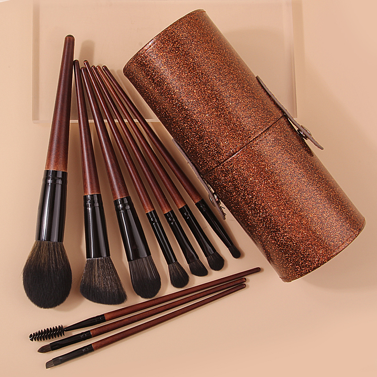 High-end 10-piece makeup set brush flash powder storage bucket, soft bristle imitation redwood handle loose powder blush eyeshadow brush in stock Specification drawing