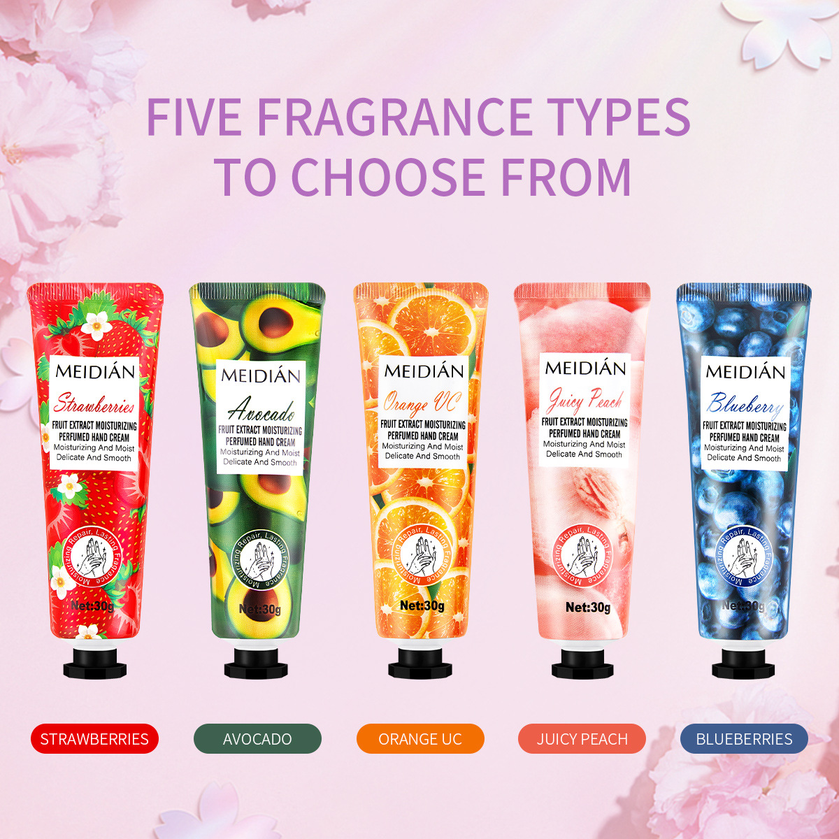 MEIDIAN Cross-border Exclusive fruit-scented hand cream bag set, 5-tube hand cream set for cross-border use details Picture