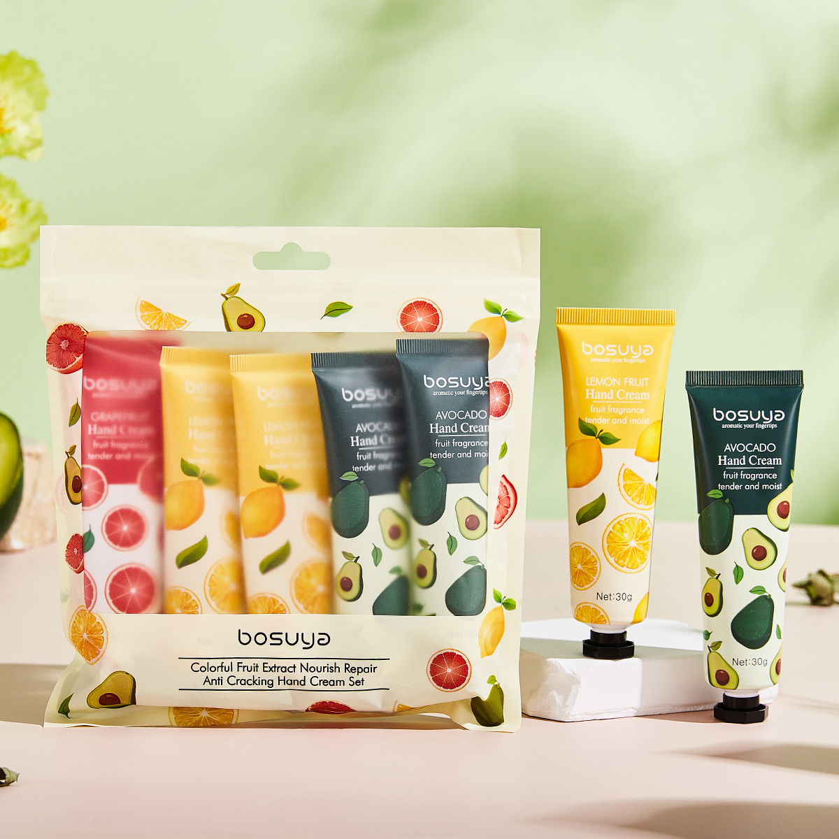 Cross-border exclusive bosuya New Scented Fruit Hand Cream Moisturizing and Nourishing 5-bottle hand cream bag set full figure