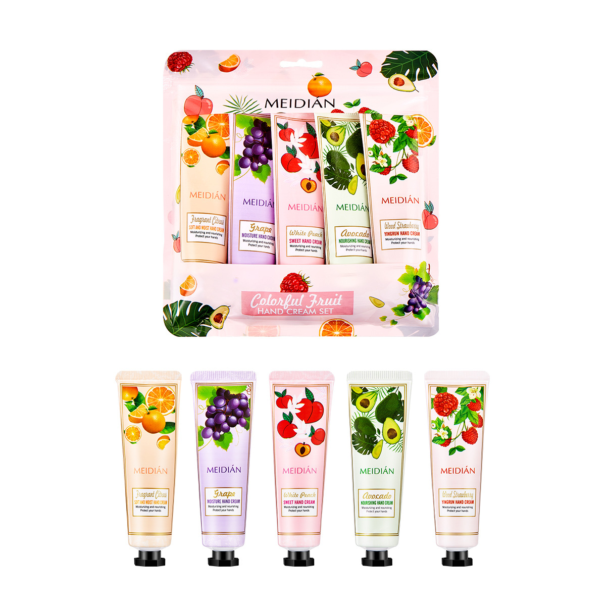 MEIDIAN Cross-border exclusive fruit fragrance hand cream bag set, 5-tube hand cream set for cross-border wholesale Item Picture