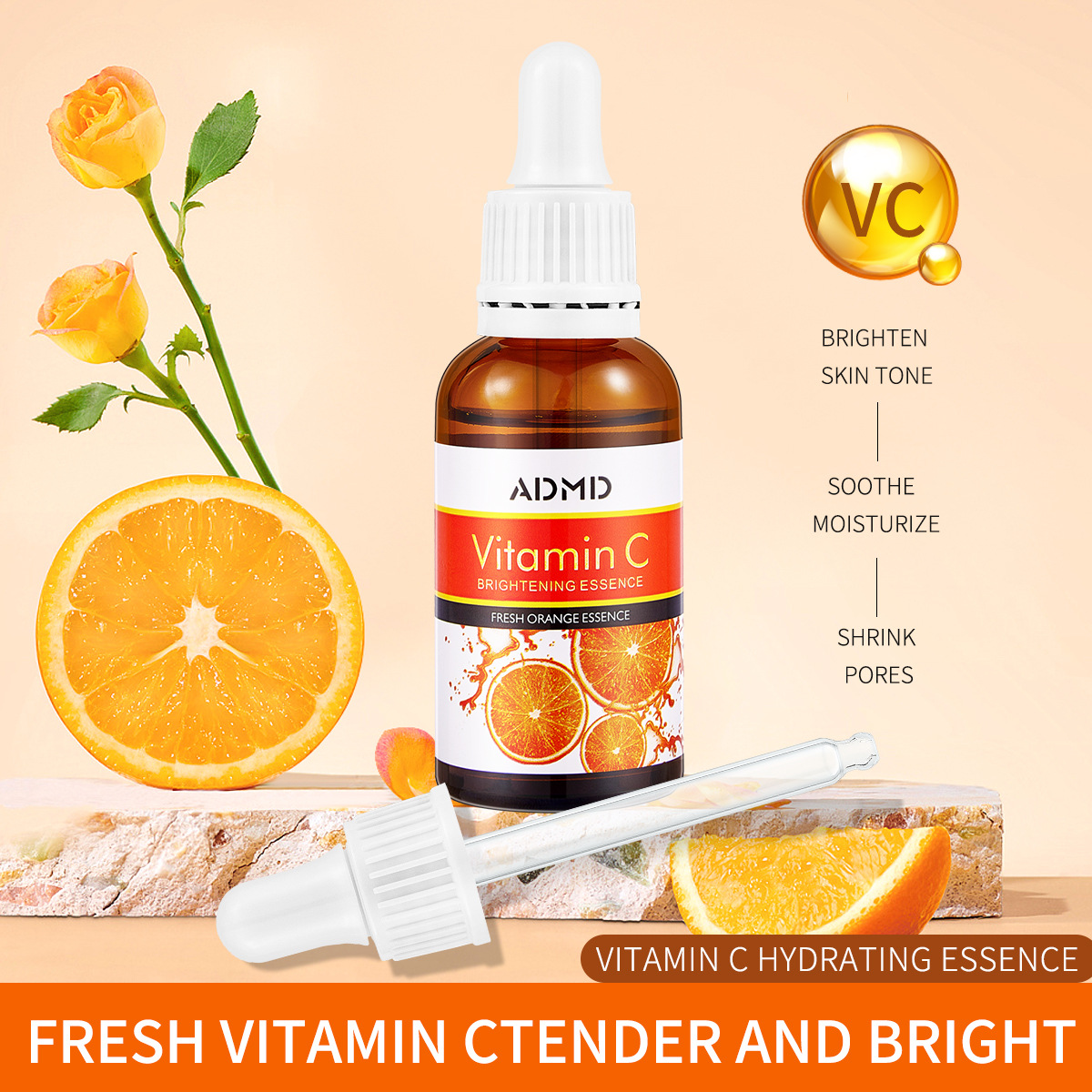 【 Cross-border Exclusive 】 Vitamin c Essence for Hydrating, Moisturizing and repairing the skin base Liquid, Youthful and delicate facial essence Specification drawing