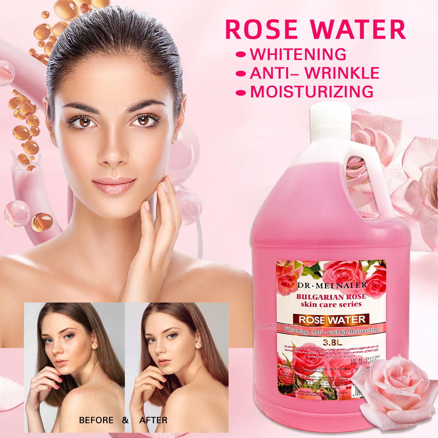 Cross-border Brightening and Moisturizing Rose Water, Pore Shrinking and Firming Toner, Rose Toner 3.8L, wholesale for export full figure