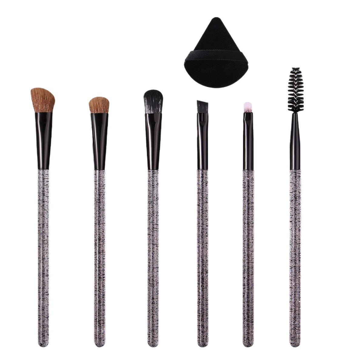 Hot-selling crystal handle 6-piece eye makeup brush set, eyeshadow mascara brush, ultra-thin fine eyeliner brush, triangular powder puff Item Picture