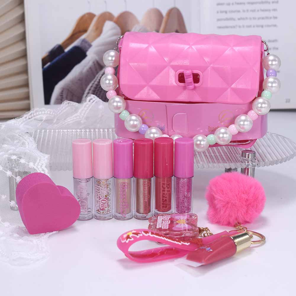 LUCKY MODEL handbag, new lip gloss Makeup Set, ML-1 powder puff, keychain, lip oil, High Gloss Color change full figure