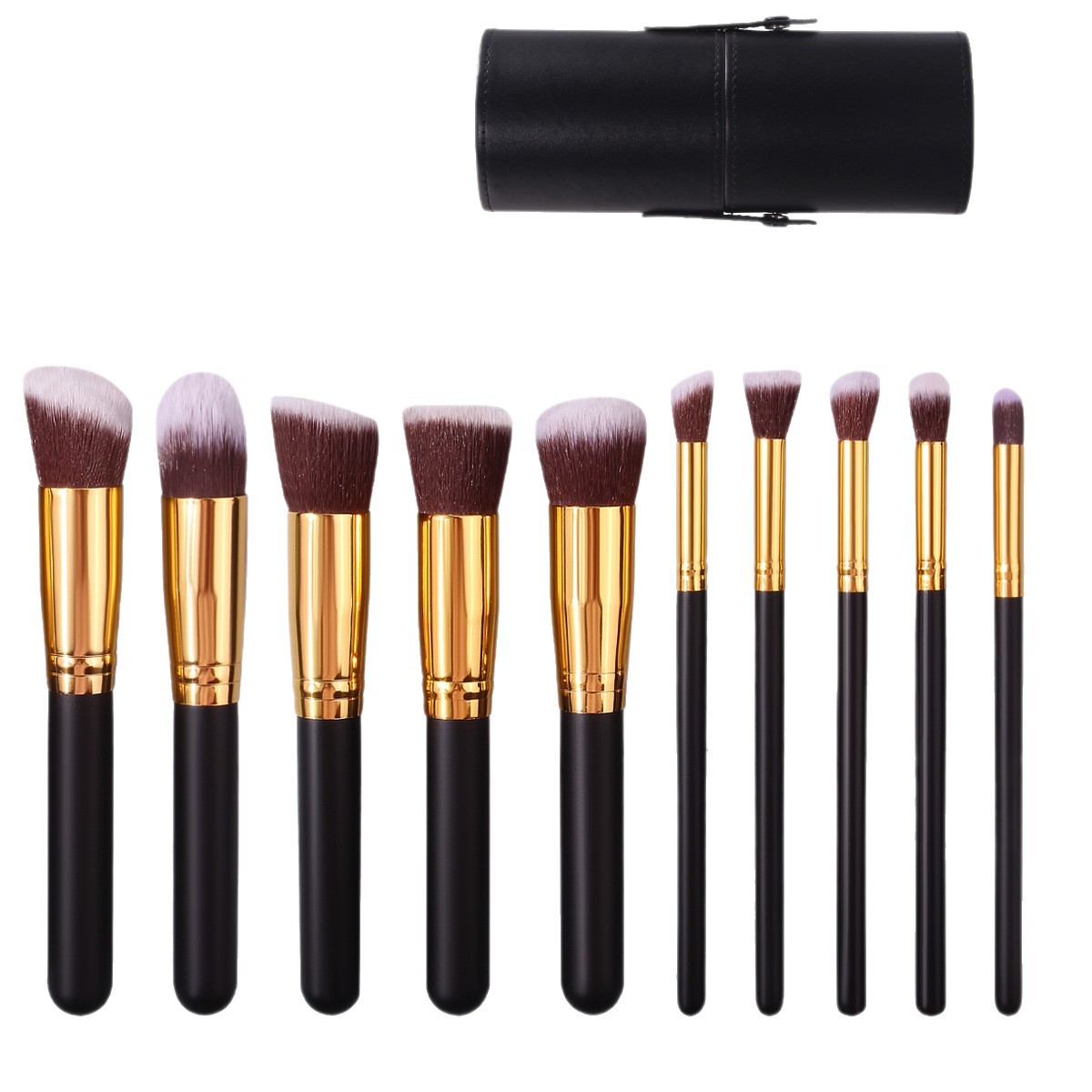 Beginner's 10-piece makeup brush set, wooden handle blush brush, eyeshadow brush, loose powder brush, portable PU makeup storage bucket Item Picture