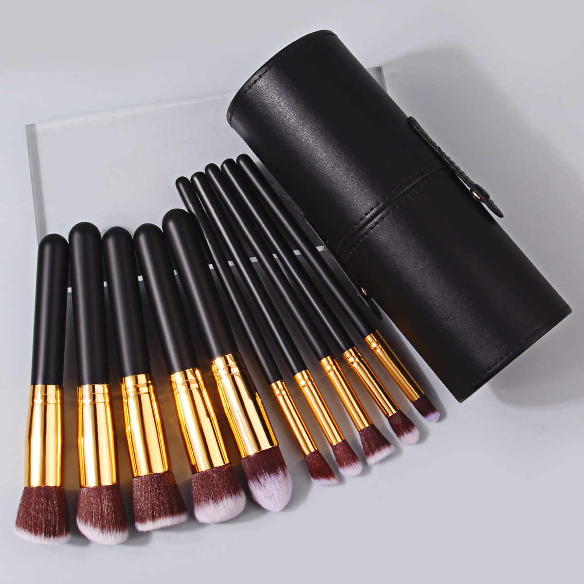 Beginner's 10-piece makeup brush set, wooden handle blush brush, eyeshadow brush, loose powder brush, portable PU makeup storage bucket full figure