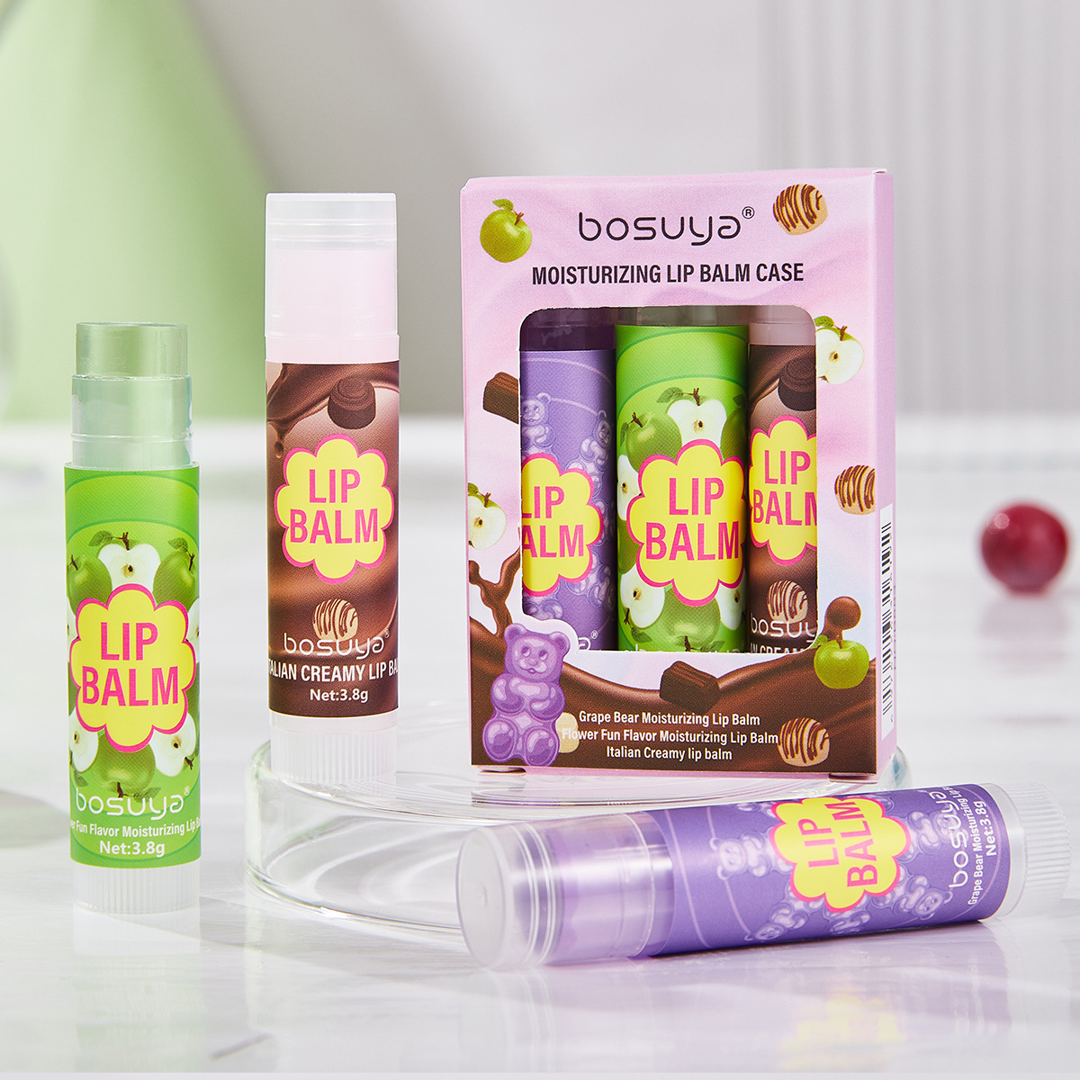 Cross-border exclusive Bosuya Lip Balm Set for Moisturizing, nourishing and reducing lip lines. English version lip balm set of 3 pieces details Picture