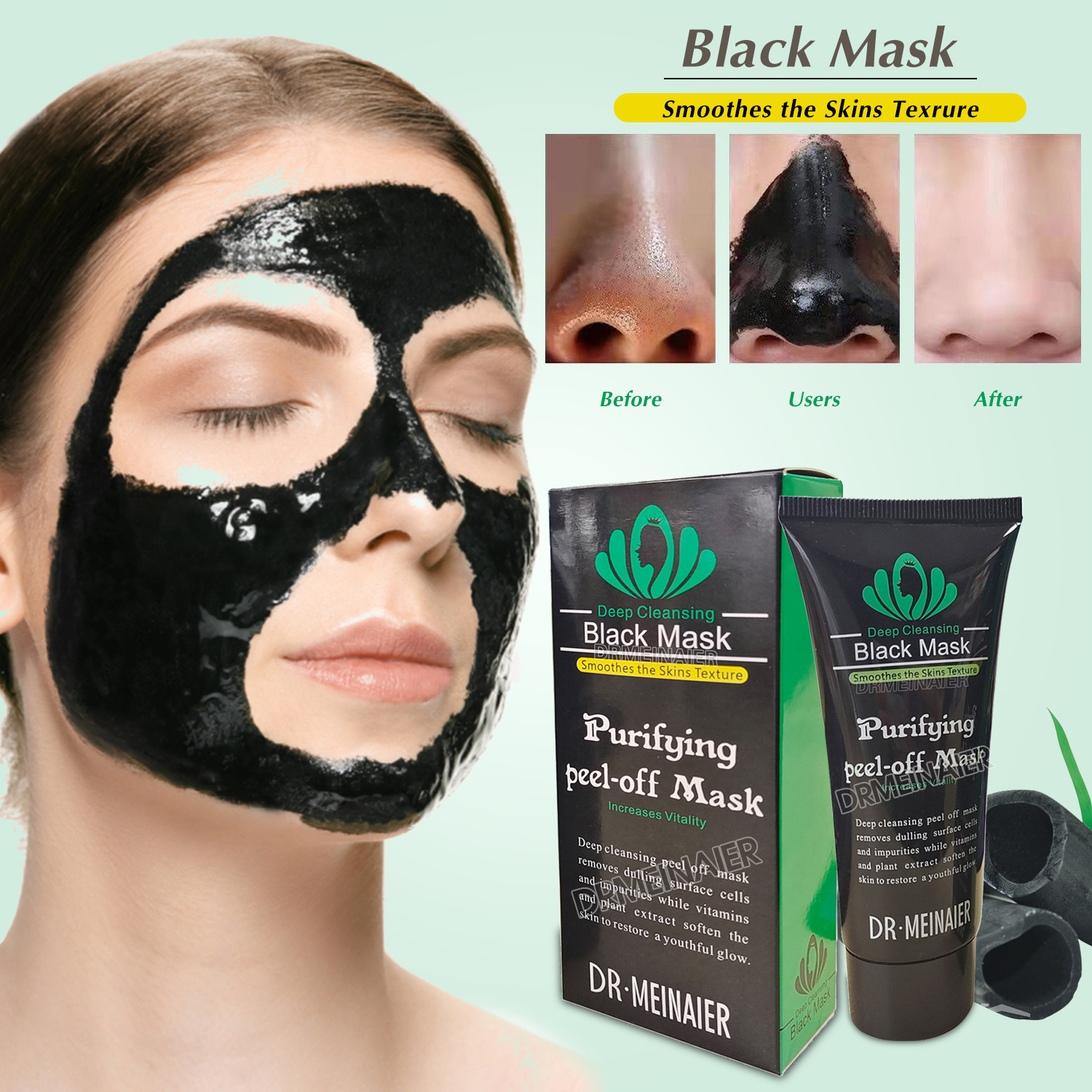 Cross-border Meinair (English Version) Black Bamboo Charcoal Blackhead Removal Peel-off Mask Peel-off Mineral Mud Nasal Mask 60ML full figure