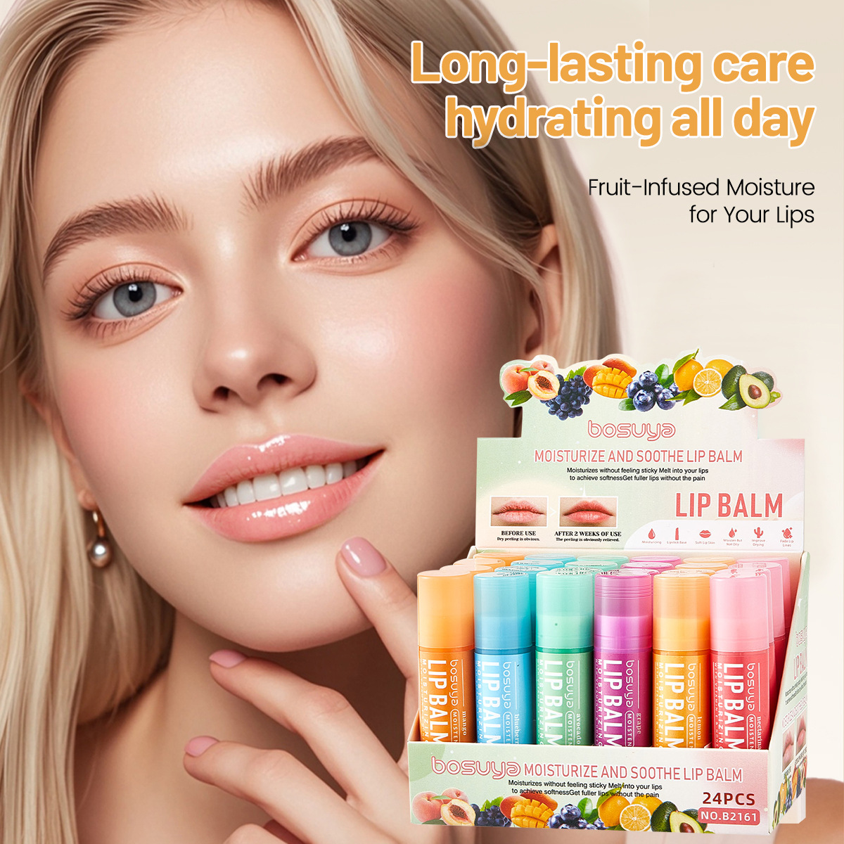 Cross-border exclusive Bosuya fruit-flavored Lip Balm Set, moisturizing Lip care, anti-cracking, anti-wrinkle and moisturizing lip balm Specification drawing