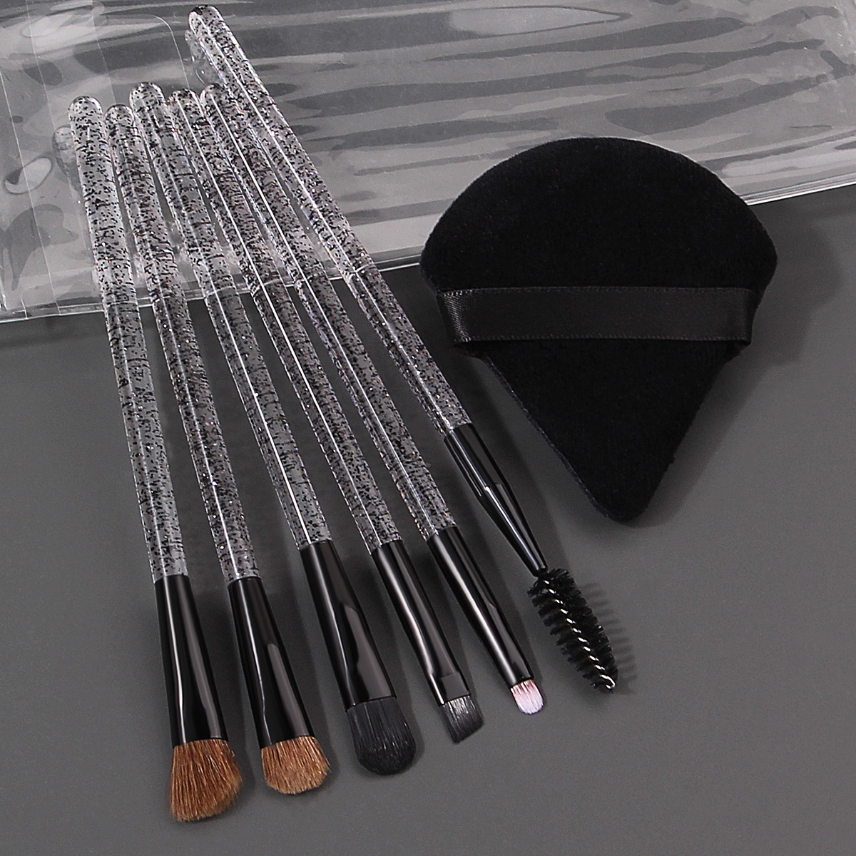 Hot-selling crystal handle 6-piece eye makeup brush set, eyeshadow mascara brush, ultra-thin fine eyeliner brush, triangular powder puff full figure