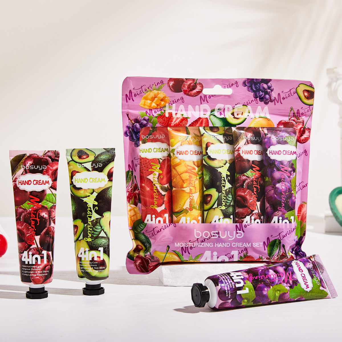 Cross-border exclusive bosuya 4in1 Fruit Hand Cream Moisturizing, Hydrating and Anti-cracking Light Fragrance Moisturizing Hand Cream full figure