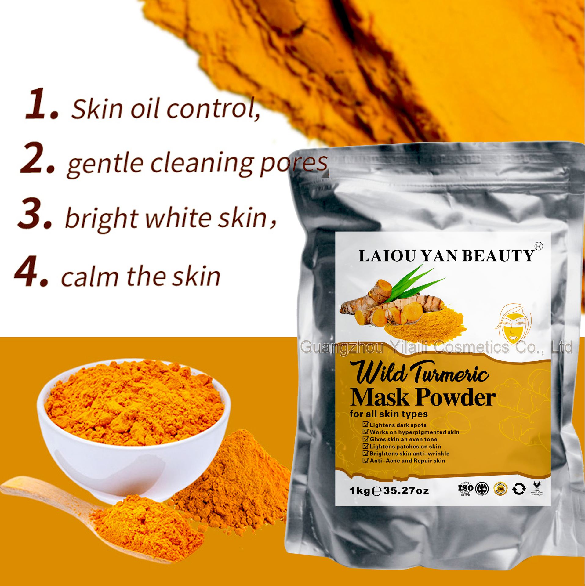 Cross-border turmeric Brightening and Moisturizing Mask Powder, hydrating, moisturizing and nourishing skin care soft mask powder, bagged factory direct sales wholesale full figure