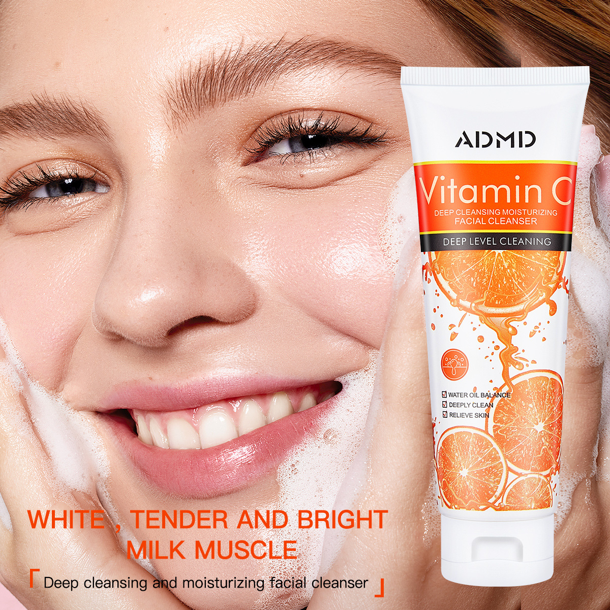 【 Cross-border Exclusive 】ADMD Vitamin C Facial Cleanser deeply cleanses, gently controls oil, shrinks pores, and is refreshing without greasiness full figure