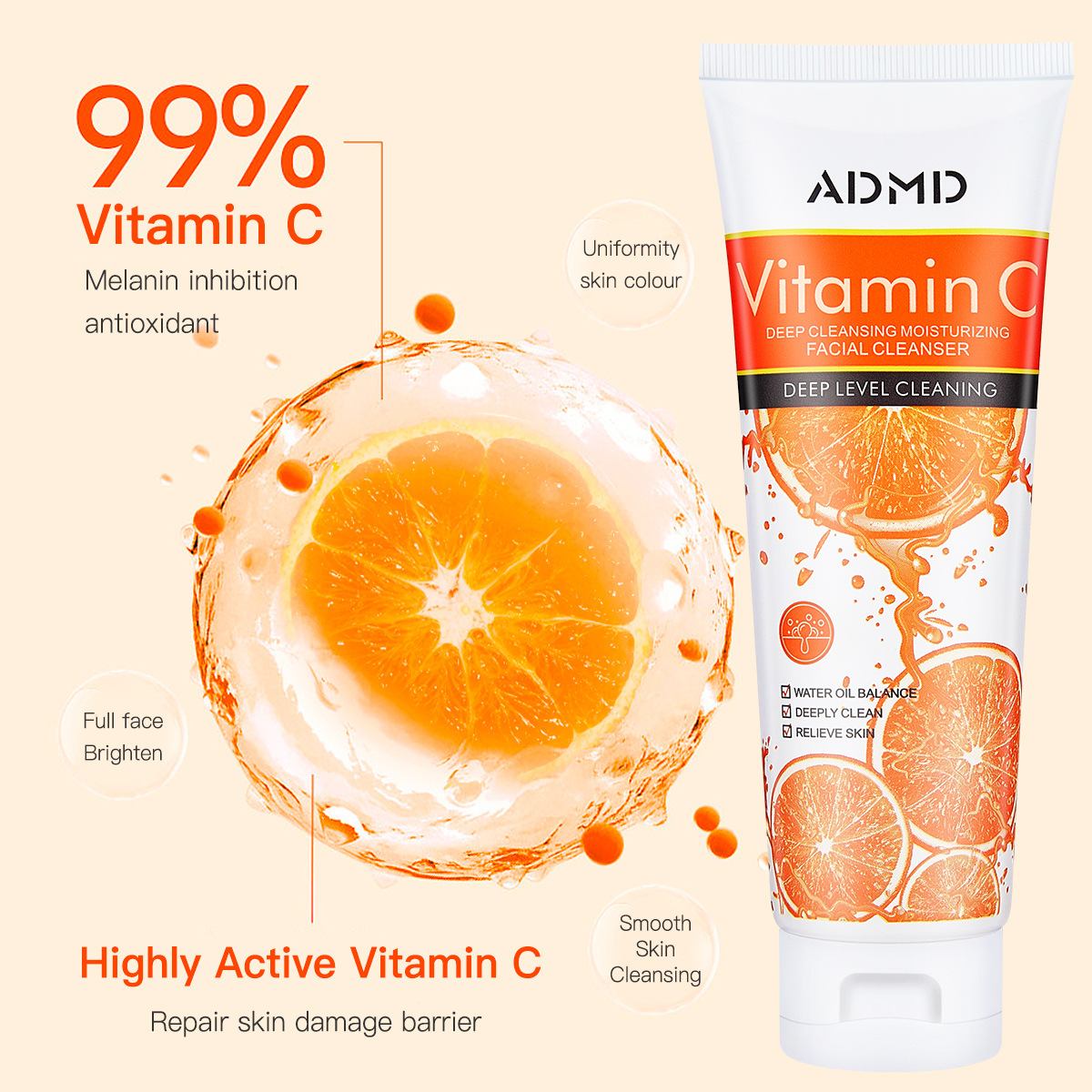 【 Cross-border Exclusive 】ADMD Vitamin C Facial Cleanser deeply cleanses, gently controls oil, shrinks pores, and is refreshing without greasiness Specification drawing