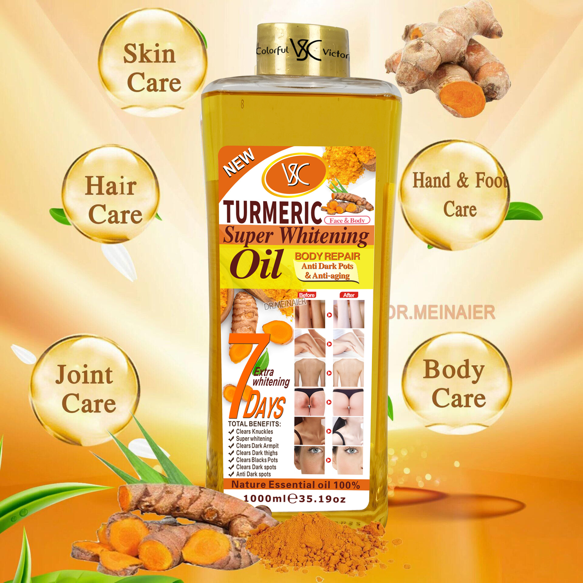 Cross-border bestseller Turmeric Oil 1000ml Moisturizing, brightening and darkening the face Turmeric essential oil body care massage oil Specification drawing