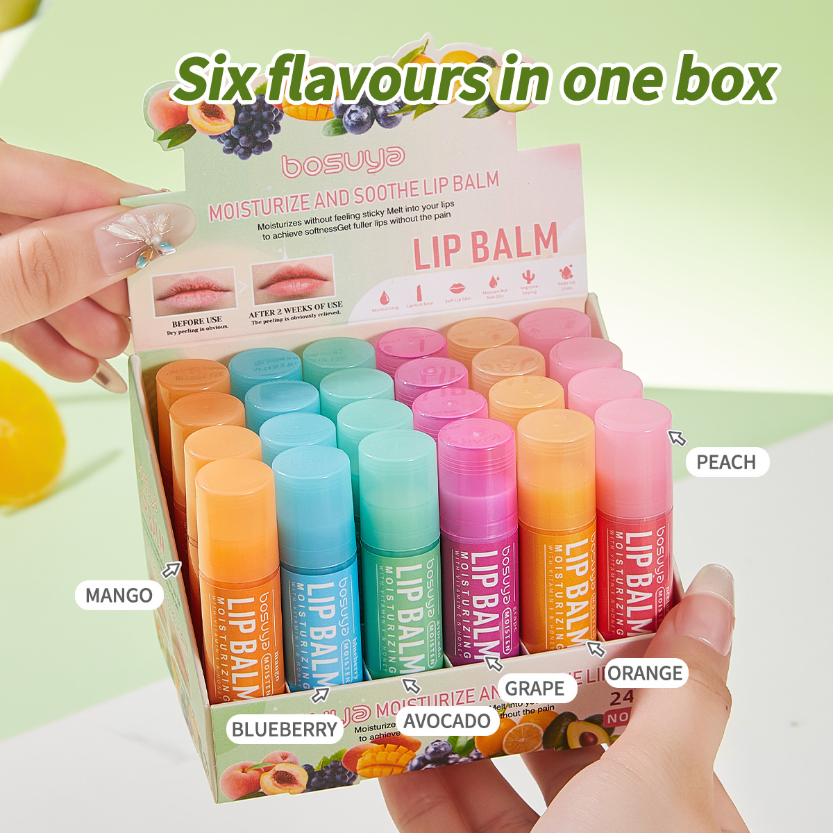 Cross-border exclusive Bosuya fruit-flavored Lip Balm Set, moisturizing Lip care, anti-cracking, anti-wrinkle and moisturizing lip balm full figure