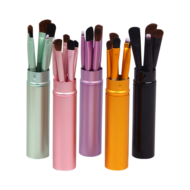 Portable set of 5 horsehair eyeshadow brushes, complete set of beauty tools, beginner makeup brushes, animal hair aluminum tube storage cylinder Item Picture